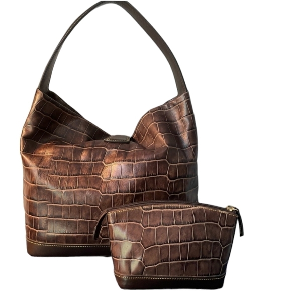 Dooney & Bourke Croco Logo Lock Shoulder Bag & Matching Zippered Pouch EUC - Picture 4 of 16